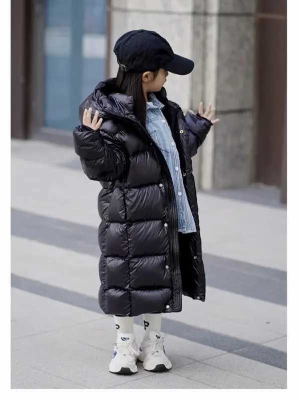 Winter jacket for boys and girls long length down jacket black thick hooded jacket big childrens jacket 2023 new 6 7 8 12 14 X241115