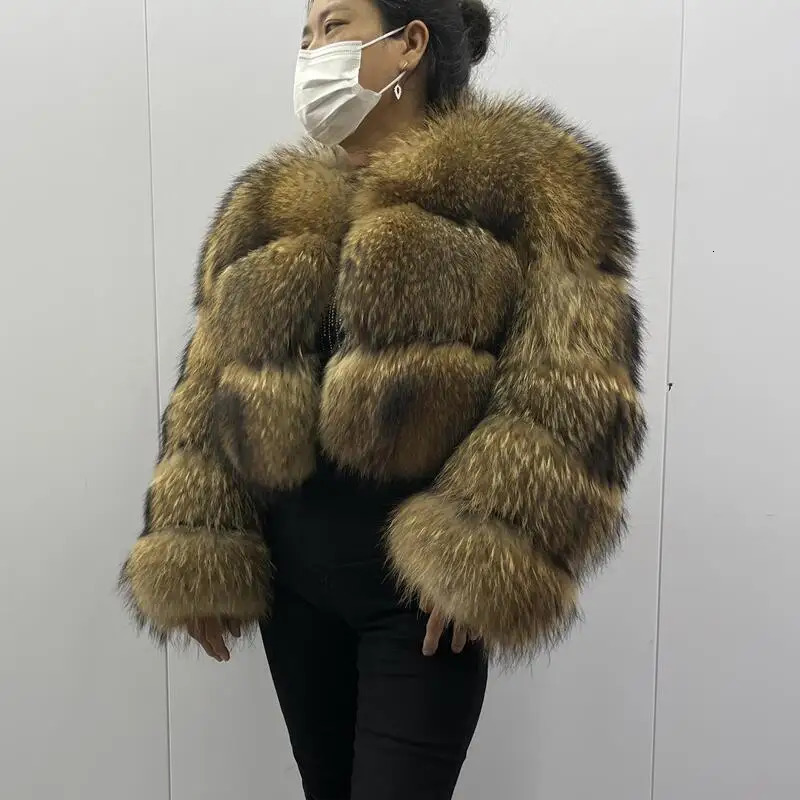 BEIZIRU Raccoon Fur Coat Womens Winter Long Sleeve Natural Jacket Thick Top 241115