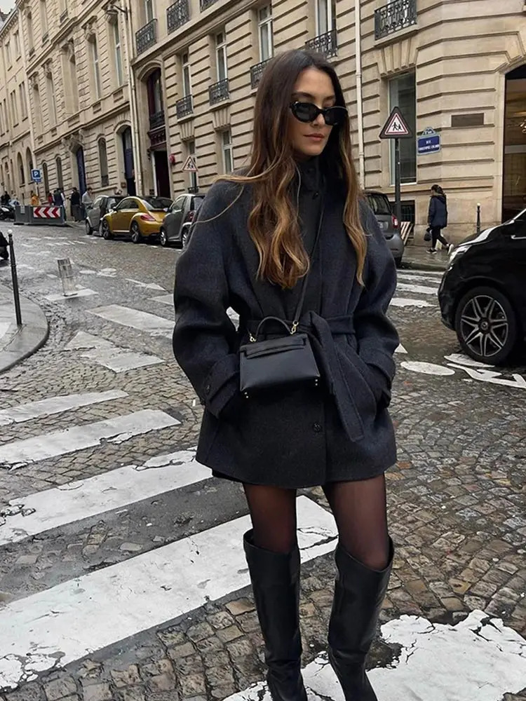 Single breasted Lace Womens Wool Coat Elegant Solid Color Pocket Jacket Autumn Warm Street Coat 241115