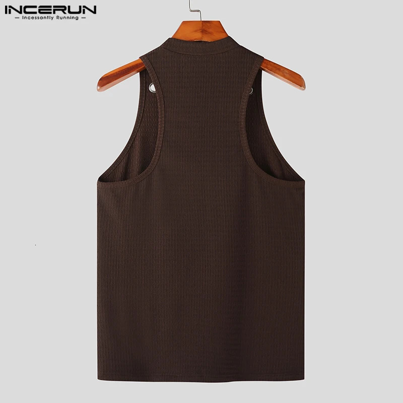 INCERUN Fashion Men Tank Tops Hollow Out Solid Turtleneck Sleeveless Male Vests Streetwear Summer Casual Clothing S5XL 240415