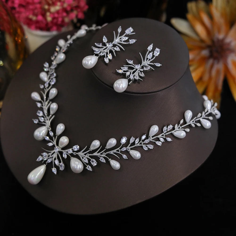 white cubic zirconia pearl necklace and earrings wedding party jewelry set for women Envio Gratis Todo X0470 241115