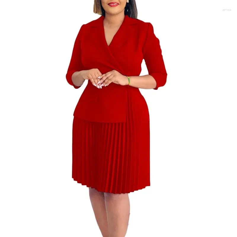 Casual Dresses Elegant For Women Blazer Turn Down Collar Pleated Modest Church Office Ladies Work Wear Female Slim Autumn B4