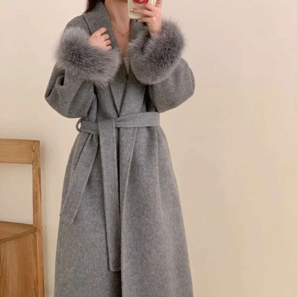Cuffs Long Woolen Real Fox Fur Jacket Female 2024 Autumn Winter New Bathrobe Double-Sided Cashmere Coat Women