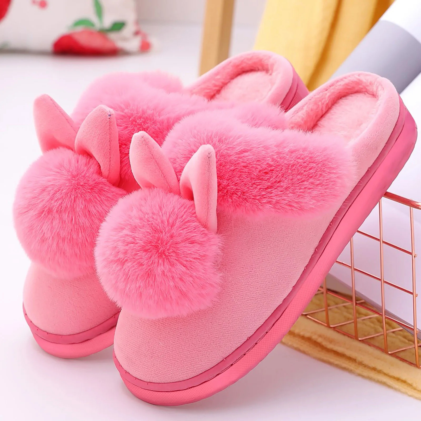 Winter Warm Home Fur Slippers Womens Indoor Home Rabbit Shoe Furry Ears Footwear Indoor Bedroom Flat Heels Fluffy Slippers Shoes 241115