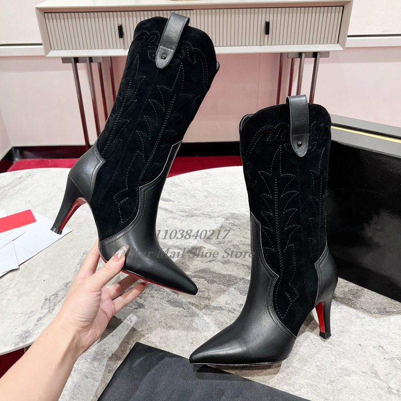 2024 Vintage Leather Suede Ing Western Women Exquisite Embroidery Boots Medium High Tube Three Colors 250227 250227