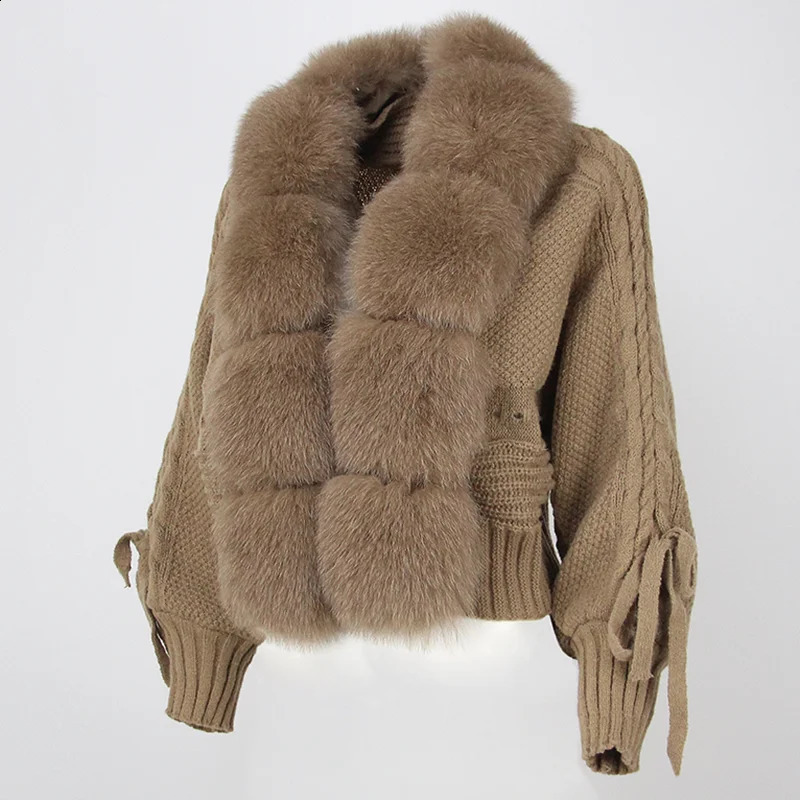2023 Winter Women Casual Real Fur Collar Fashion Short Warm Loose Knitted Jacket with Natural Placket Coat 241116