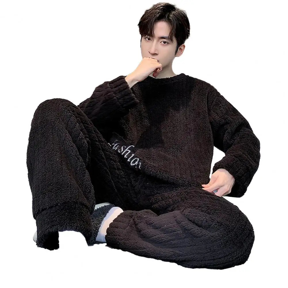 2-piece/set mens winter sleepwear set with long sleeves thick twisted texture loose elastic waist warm and soft mens sleepwear set 241112