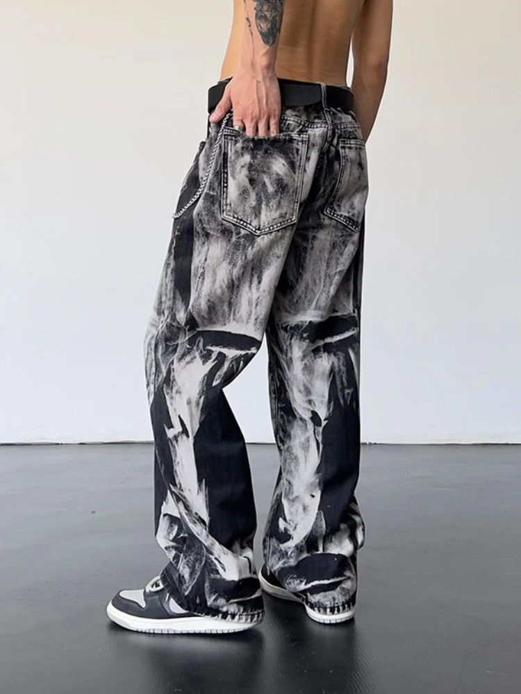 Trousers Hip Hop Chain Male Cowboy Pants Straight Tie Dye Jeans for Men Goth Black Trend 2024 Baggy Oversize Grunge Y2k Washed 241115