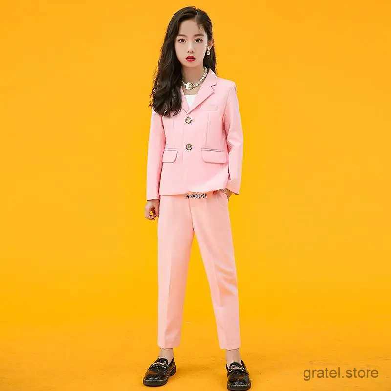 Suits Girls Pink Formal Wedding Suit Kids Jacket Pants 2PCS Party Photograph Set Teenager Tuxedo Party Dress Dance Show Costume