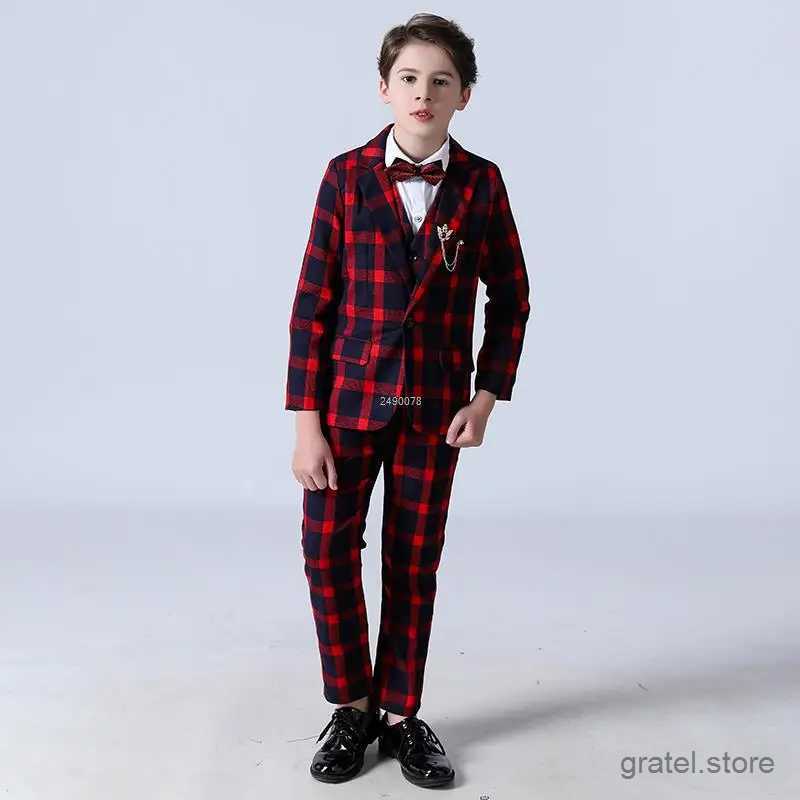 Suits Children Luxurious Wedding Suit Flower Boys Red Jacket Vest Pants Bowtie 4PCS Party Photograph Suit Kids Tuxedo Dress Costume