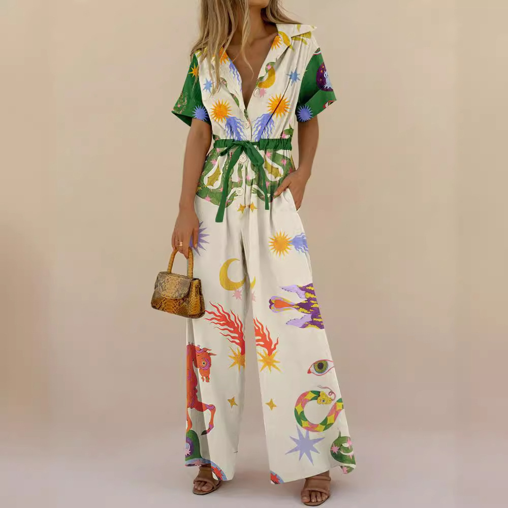 Street Style Womens Printed Cotton Pants Jumpsuit High Waist Casual 240416