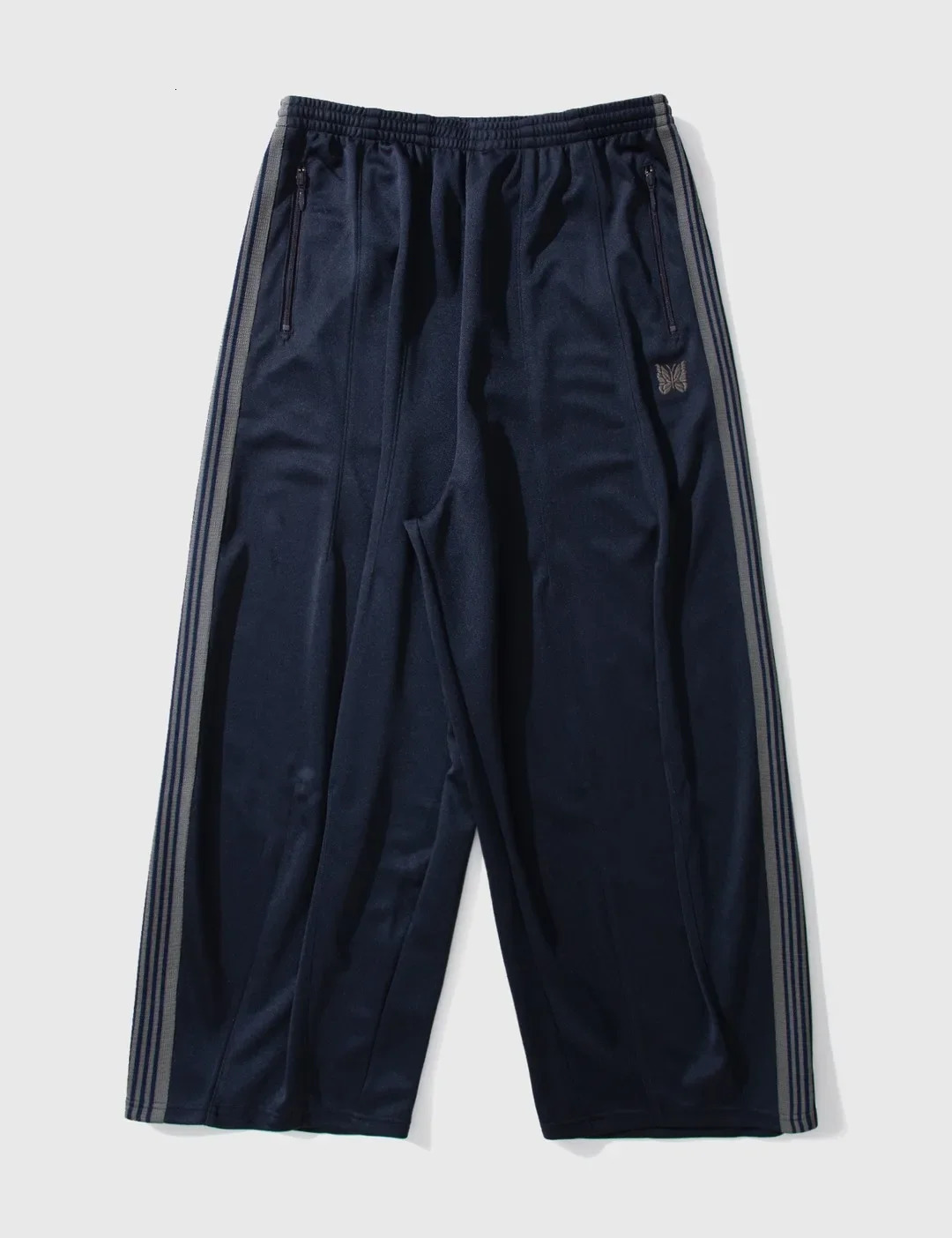Japan Style Navy Blue Needles Wide Leg Pants Men Women Embroiderey Butterfly Track Pants Drawstring AWGE Sweatpants gym 240412