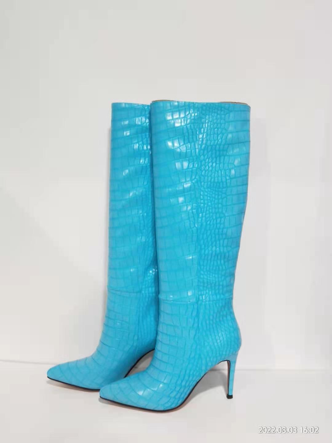 2024 Winter New Foreign Trade Pointed, Fine Heels, Ultra High Heels, Serpentine Pattern, European and American Fashion Show, Large Size Long Boots, Wo