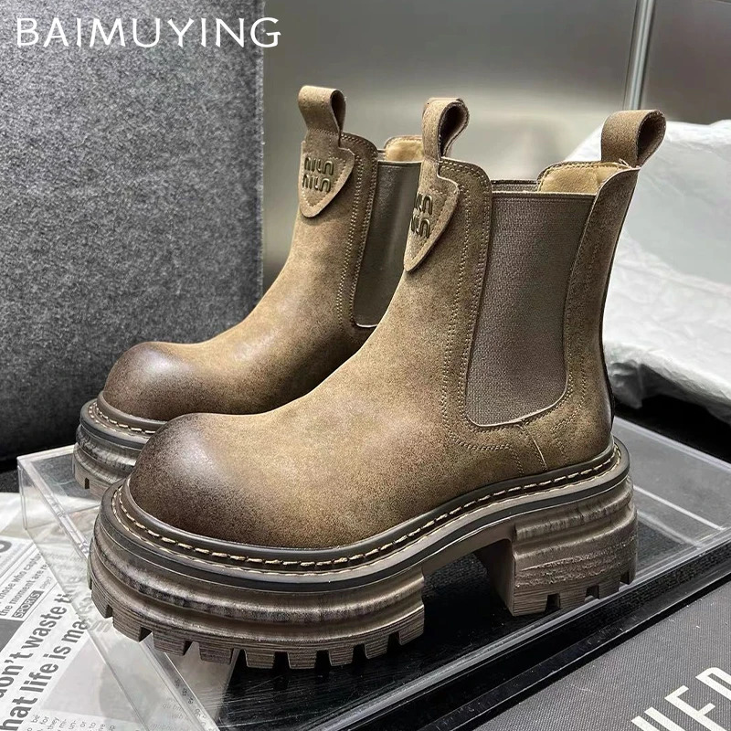 Chunky Platform Women Ankle Snow Boots Mid Heels Fashion Leather Shoes Woman Winter 2024 Trend Casual Goth Botas Mujer