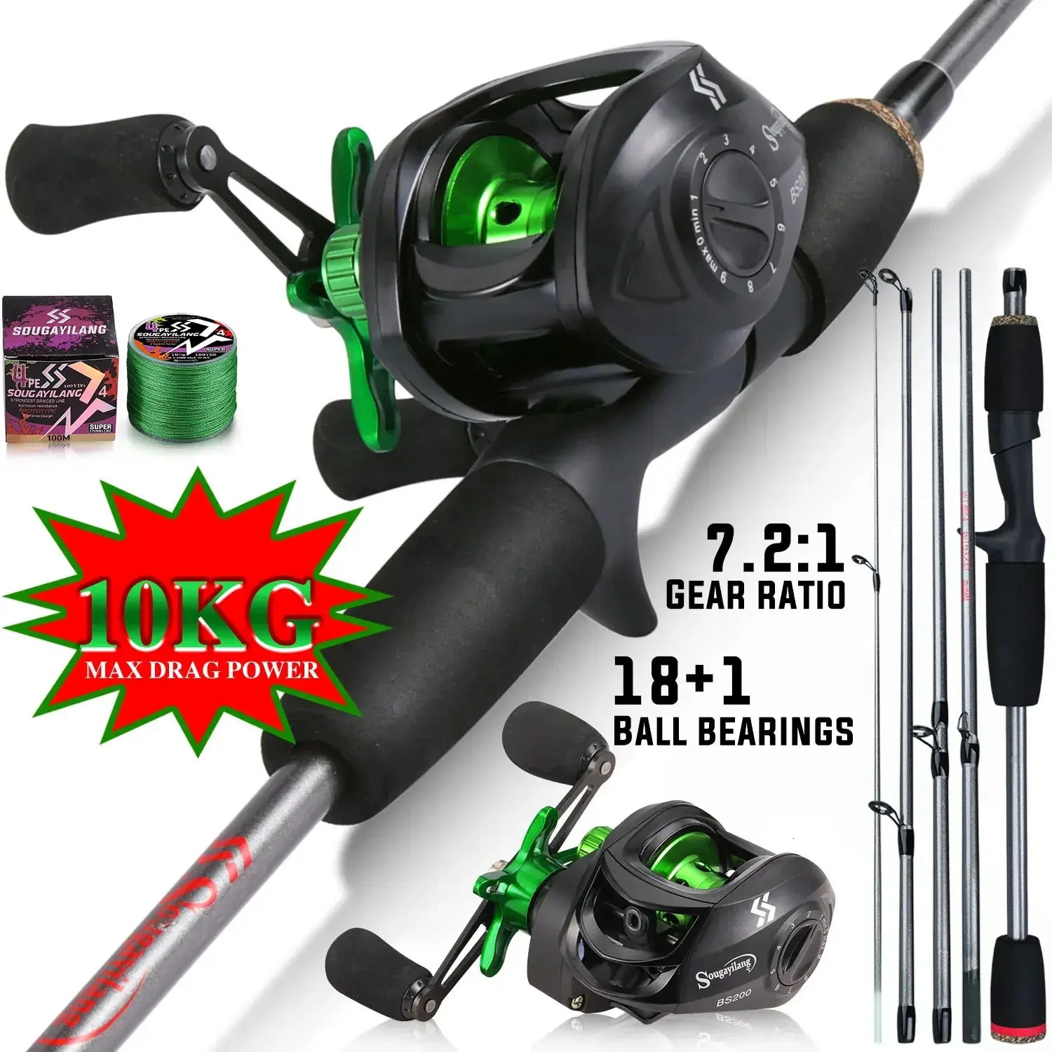Sougayilang Fishing Rod Combo 17m Carbon Fiber Casting and Baitcasting Reel with Free Pe Line Max Drag 10kg for Bass 241115