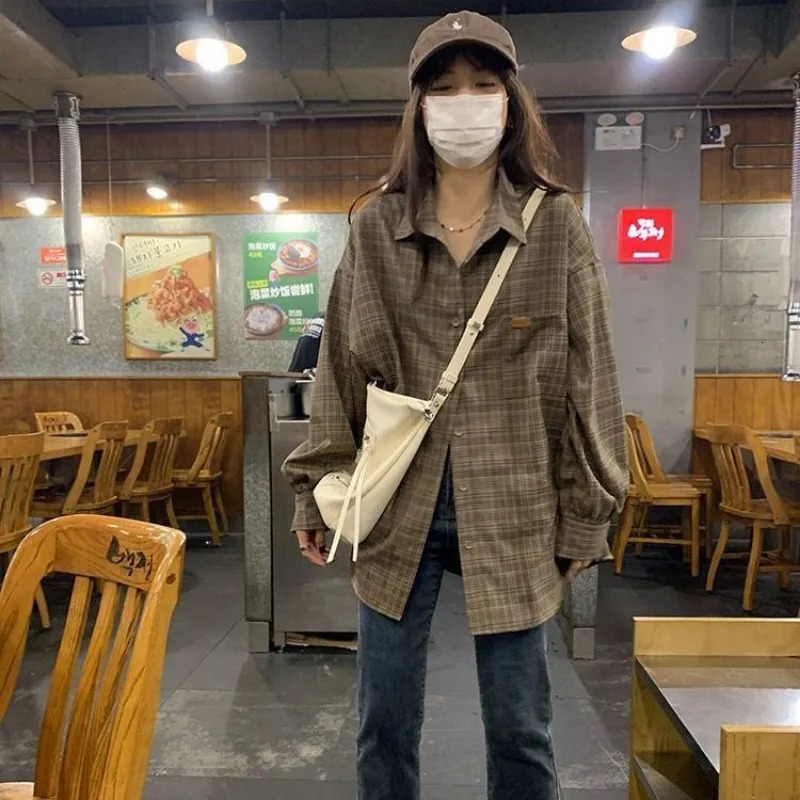 QWEEK retro casual oversized womens plain weave Korean style basic comfortable shirt prefabricated long sleeved clothing Harajuku autumn 241115