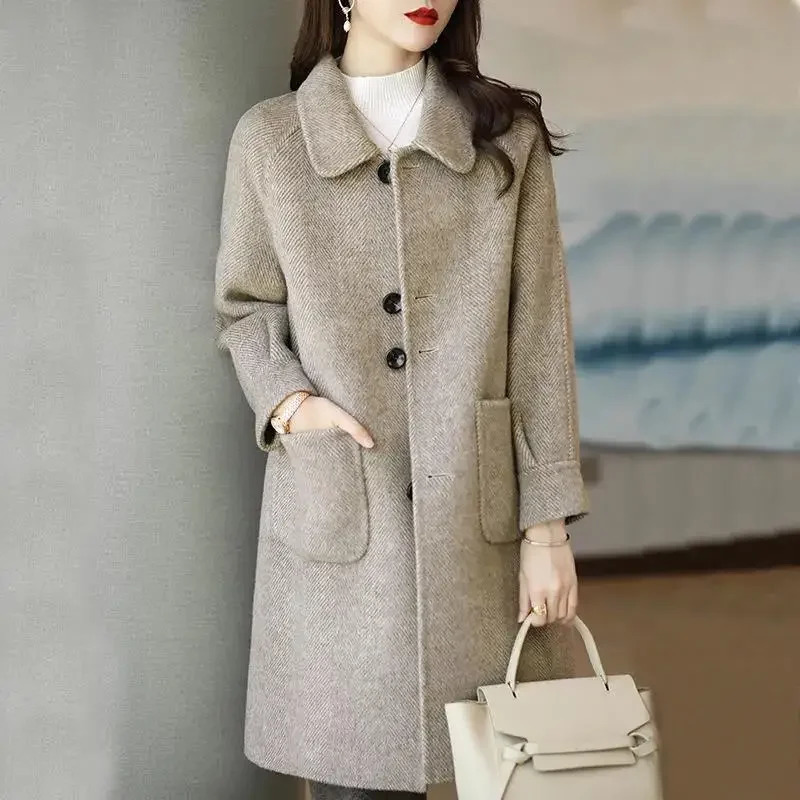 Woolen jacket for women petite Korean style weight loss elegant medium to long nail coat spring and autumn arrived at Sihoude smooth 241115