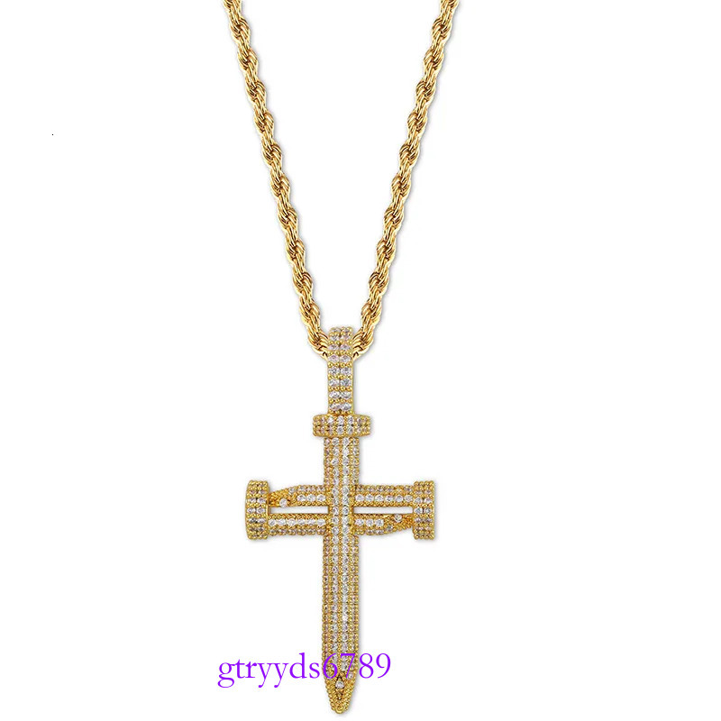 Fashion- & White Gold Bg Cubic Zirconia Nail Cross Pendant Necklace Couples Iced Out Valentine Day Hip Hop Jewelry Gifts for Lovers