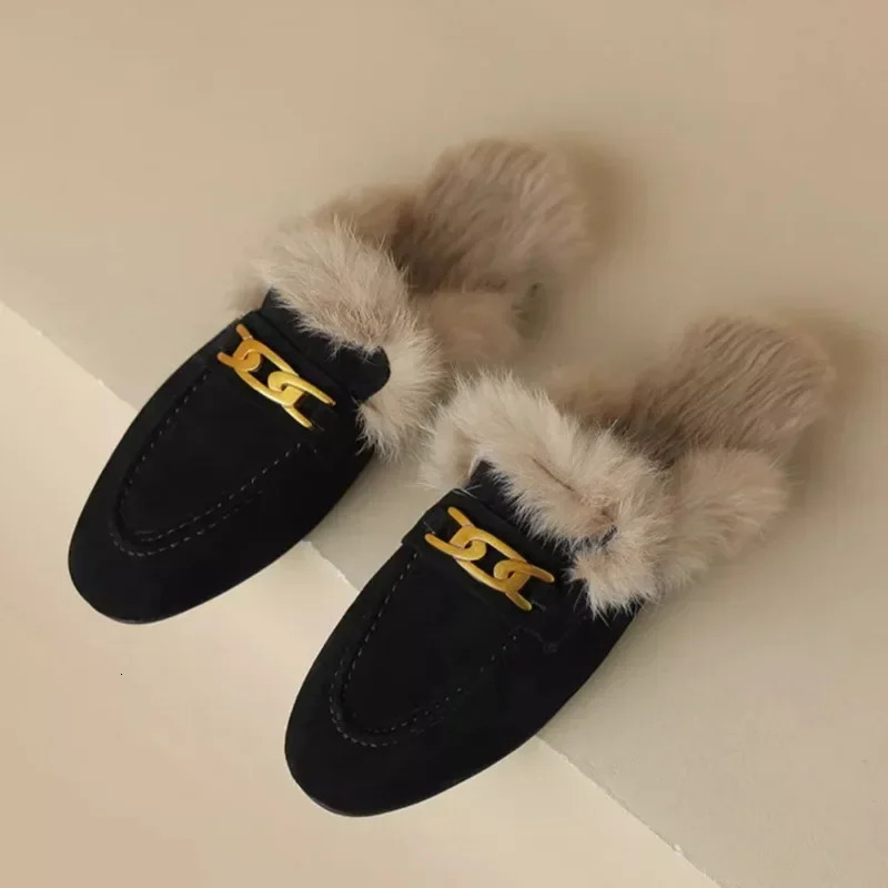 Winter Women Suede Warm Fur Slippers Mules Flats Shoes 2025 Short Plush Flip Flops Cotton Shoes Mujer 241115