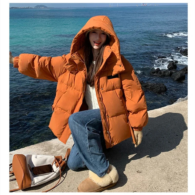 Solid Color Down Jacket Women Hooded Coat Stand Collar Fashion American Streetwear Duck Feather Female Winter Short Outwear y241108