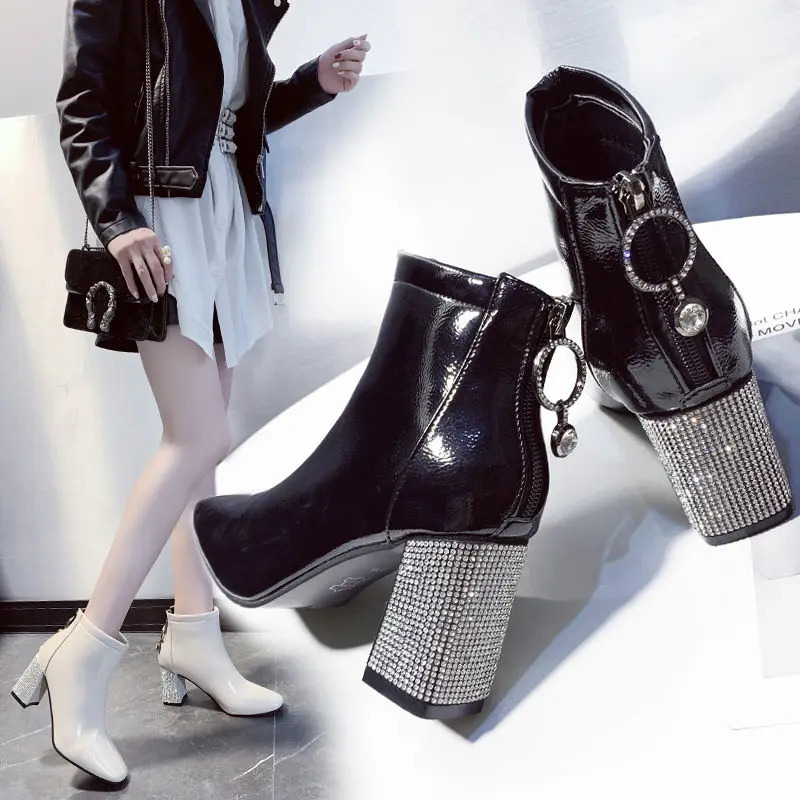 Square Toe Short Boots Womens Autumn/Winter Shoes Womens High Heels Rhinestone Thick Boots Womens Boots Large Size 241115
