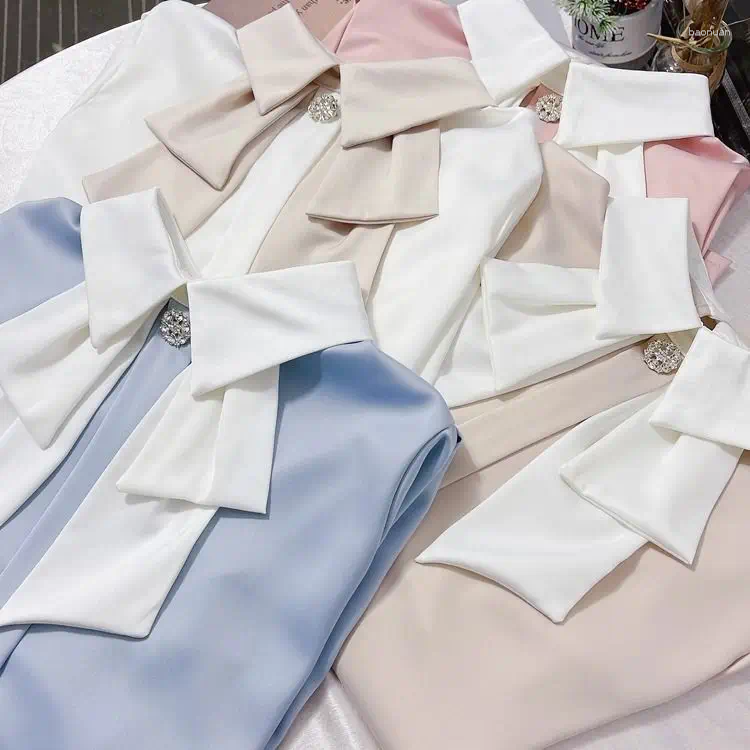 Womens Blouses Small Bow Tie Doll Collar Shirt Feminine Temperament OL Fashionable Base Loose Drape Fluttering Sweet Top