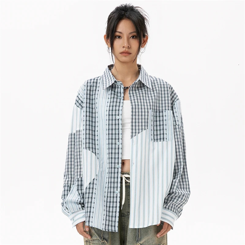 Womens plain weave shirt high quality plus size womens shirt Korean style womens clothing trend patch work fashionable womens top 241115