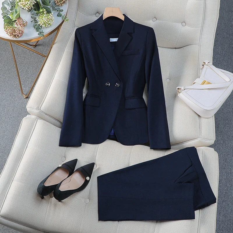 AutumnWinter Black Grey Purple Elegant Double Chest Sports Jacket Top and Womens High Waist Pants Two Piece Set 241115