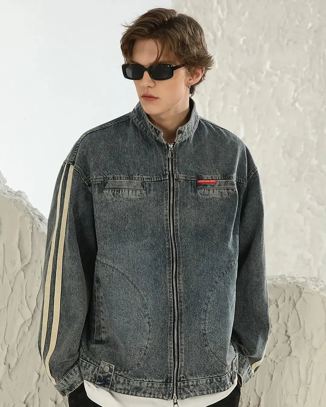 light blue denim long sleeved jacket mens Harajuku zipper jacket autumn winter top Y2K Gothic clothing jacket 241115