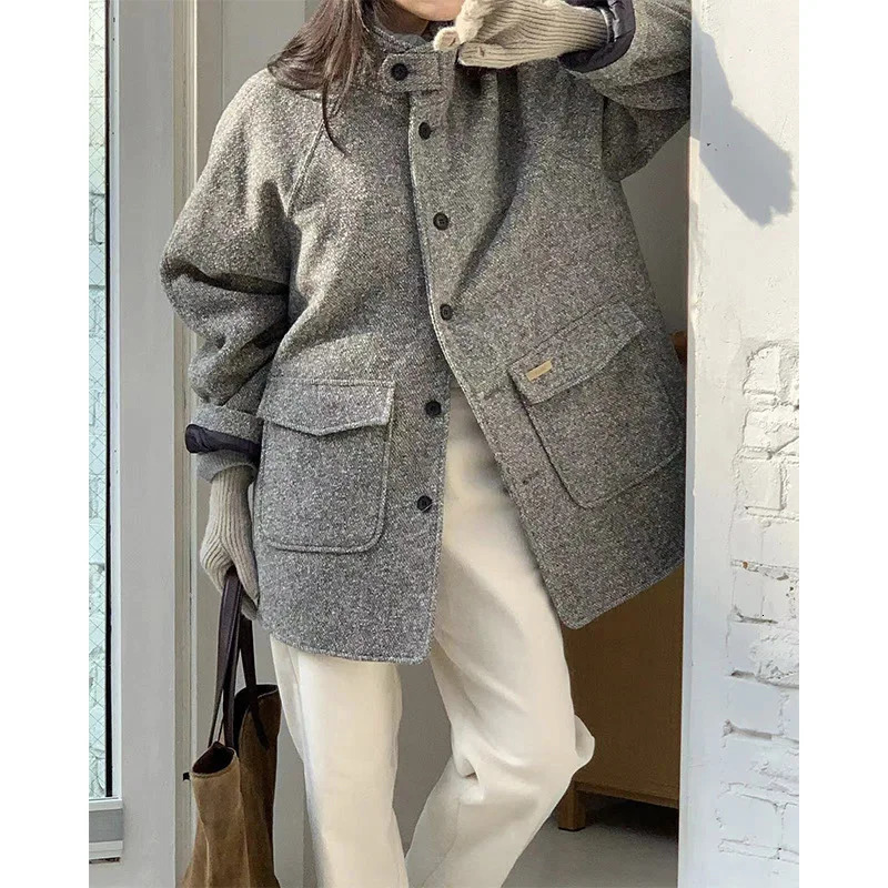 Hazelnut herringbone pattern retro wool stand up collar medium long small coat early autumn wool coat womens 241115
