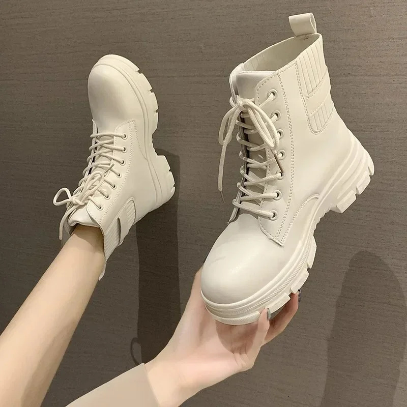 Women White Ankle Boot PU Leather Thick Sole Lace Up Combat Booties Female Autumn Winter Platform Shoes Rubber Cow Boots 241115