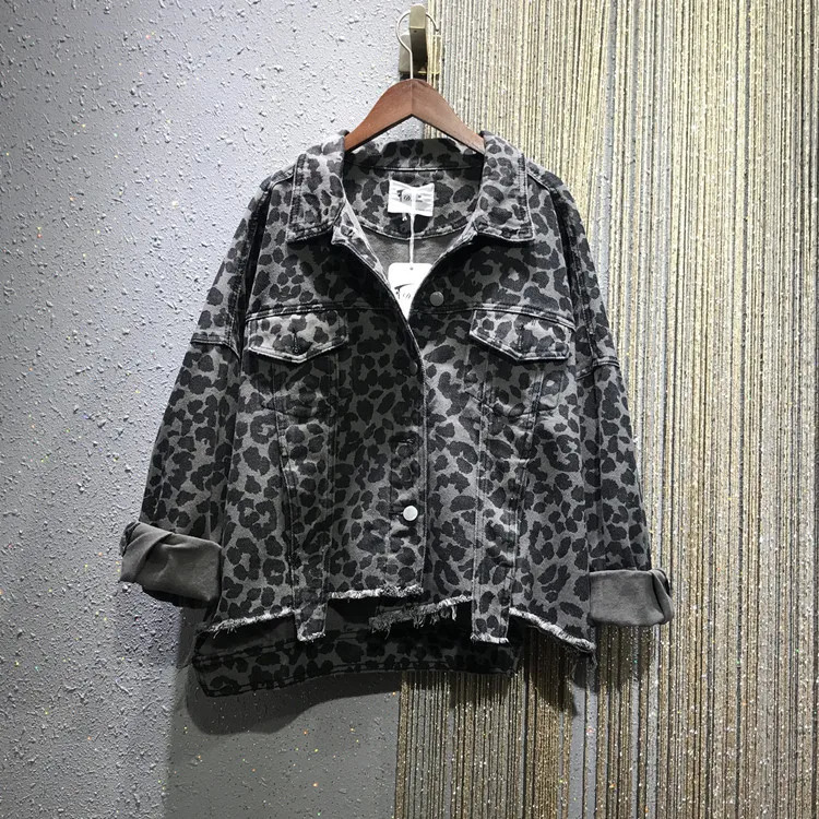 autumn leopard print loose BF lapel long sleeved denim jacket short coat womens denim jacket top Y2K winter coat 241115