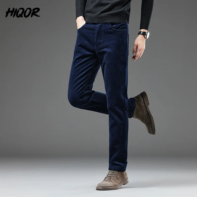 HIQOR Mens Corduroy Pants Winter Thick Warm Business Straight Casual Fashion Korean Wool Green Pocket 241115