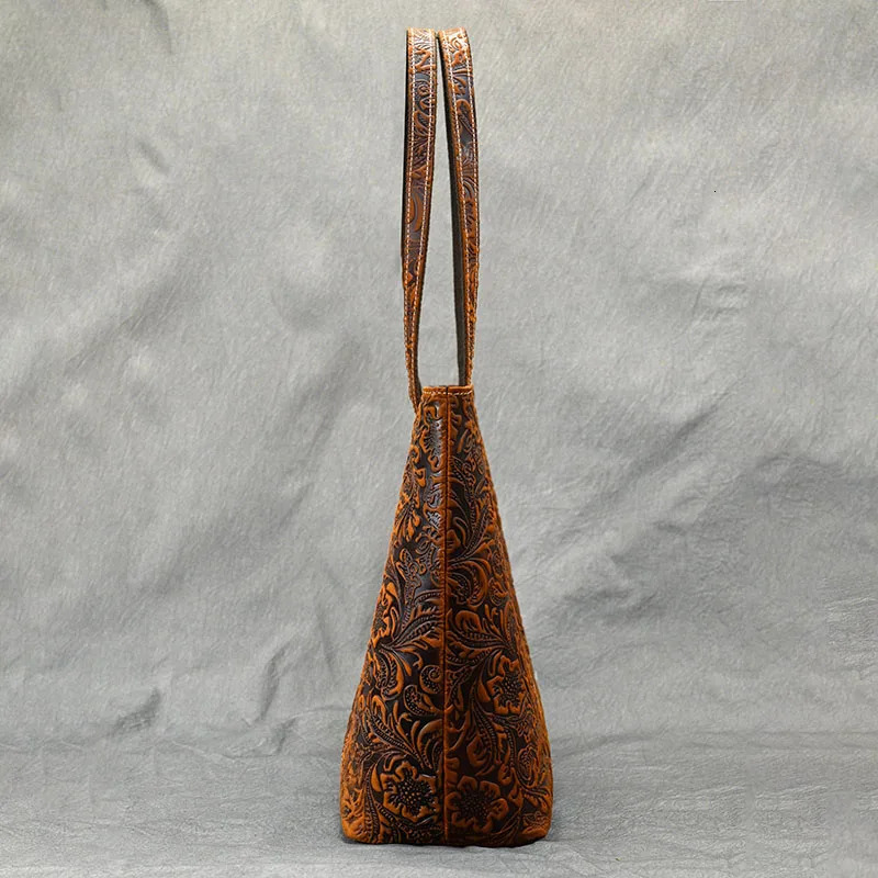 Retro embossed womens handbag Retro handmade genuine leather large capacity womens shoulder bag Womens handbag 241112