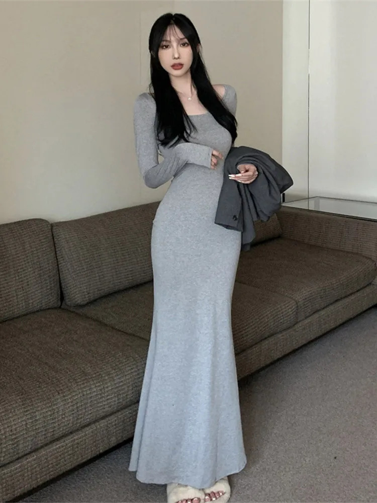 England Oneck Hip Package Woman Dress Trumpet Slim Long Sleeve Elegant Clothes 2024 Solid Summer Female Vestidos Maxi Dresses 240419