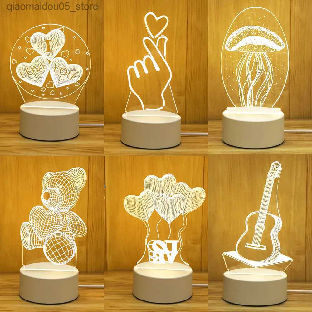 Lamps Shades Romantic Love 3D Acrylic Led Lamp for Home Childrens Night Lamp Table Lamp Birthday Party Decoration Valentines Day Bedside Lamp Q240416