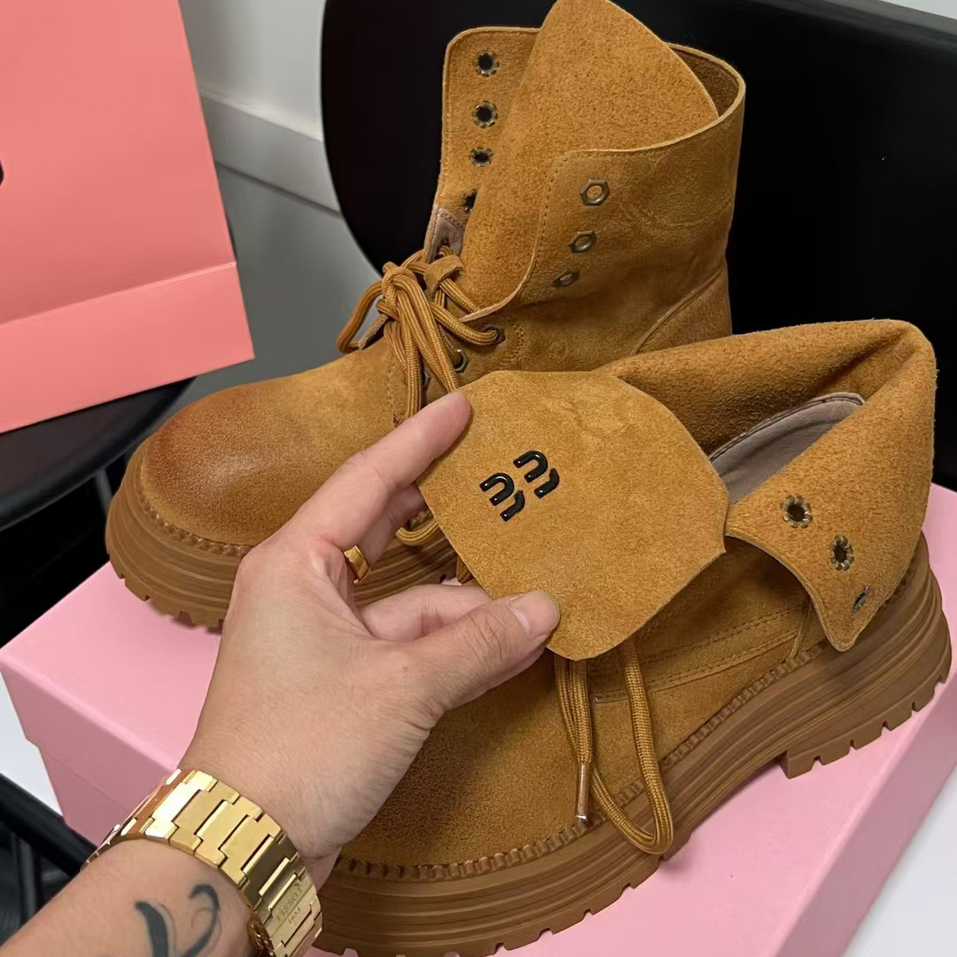 Ankle Woman Cowboy boots Winter Round Toe Lace-up Short Womens Platform Designer Knight Boots Shoes with box