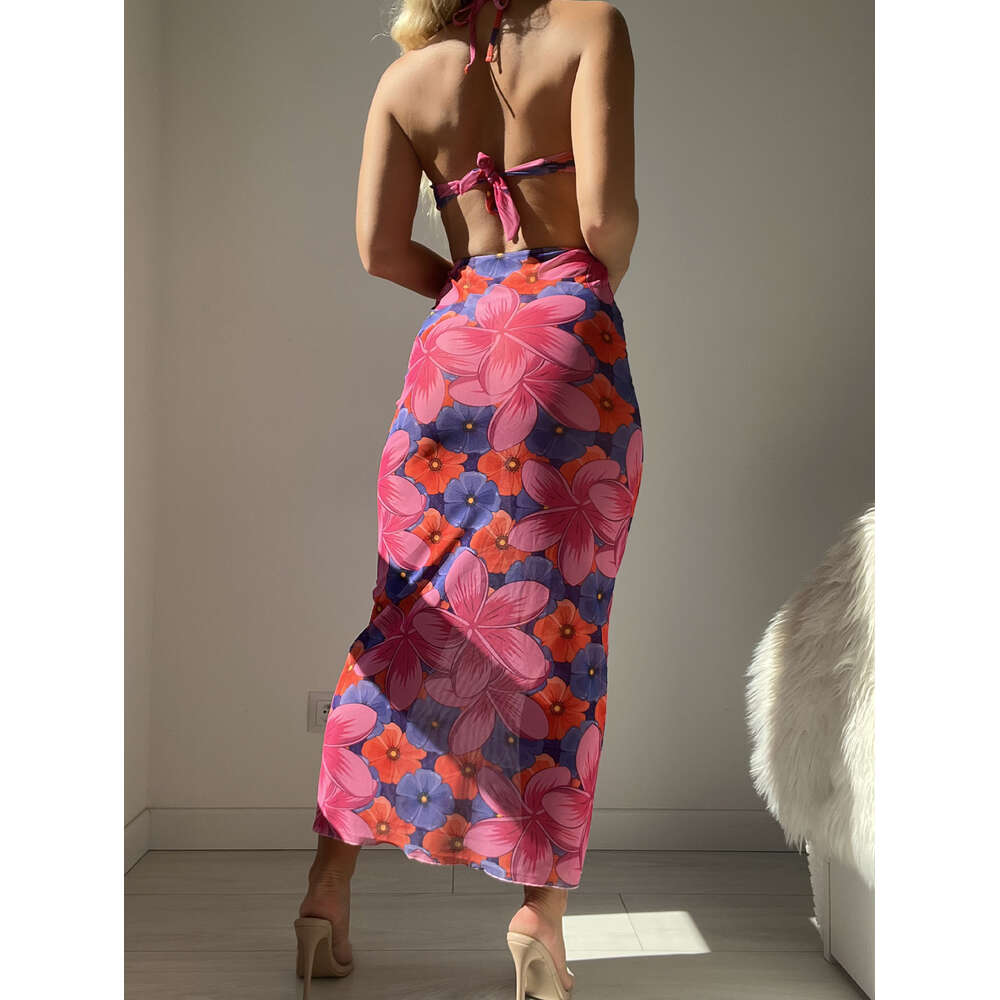 2024 Hanging Neck, Open Back Printed Lace Up Dress, Vacation Beach Skirt F41629