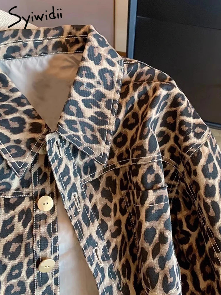 Syiwidii Womens Leopard print Jacket Flip Collar Single Chest Casual Coat Autumn Fashion Long Sleeve Womens Jeans Jacket 241115