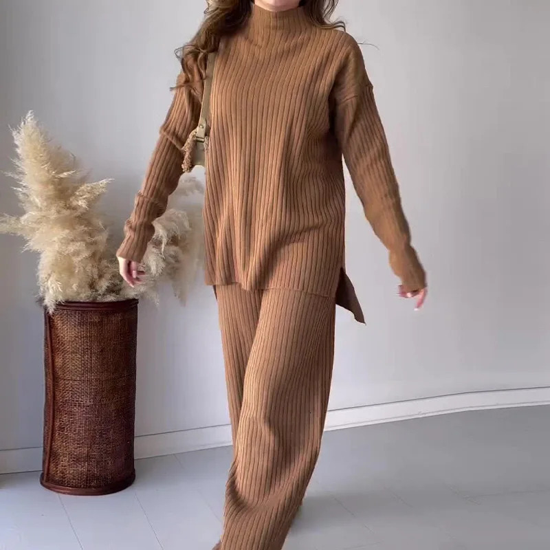 Women Knitted Twopiece Set Casual Loose Womens Home Suit With High Collar Top Wide Leg Trousers Knitting 2 Piece Outfit Winter 241115