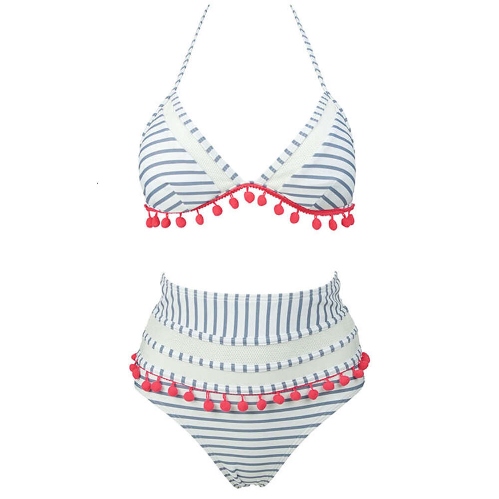 2024 High Waist Bikini Striped Plush Ball Swimsuit Split Two Piece Set F41650