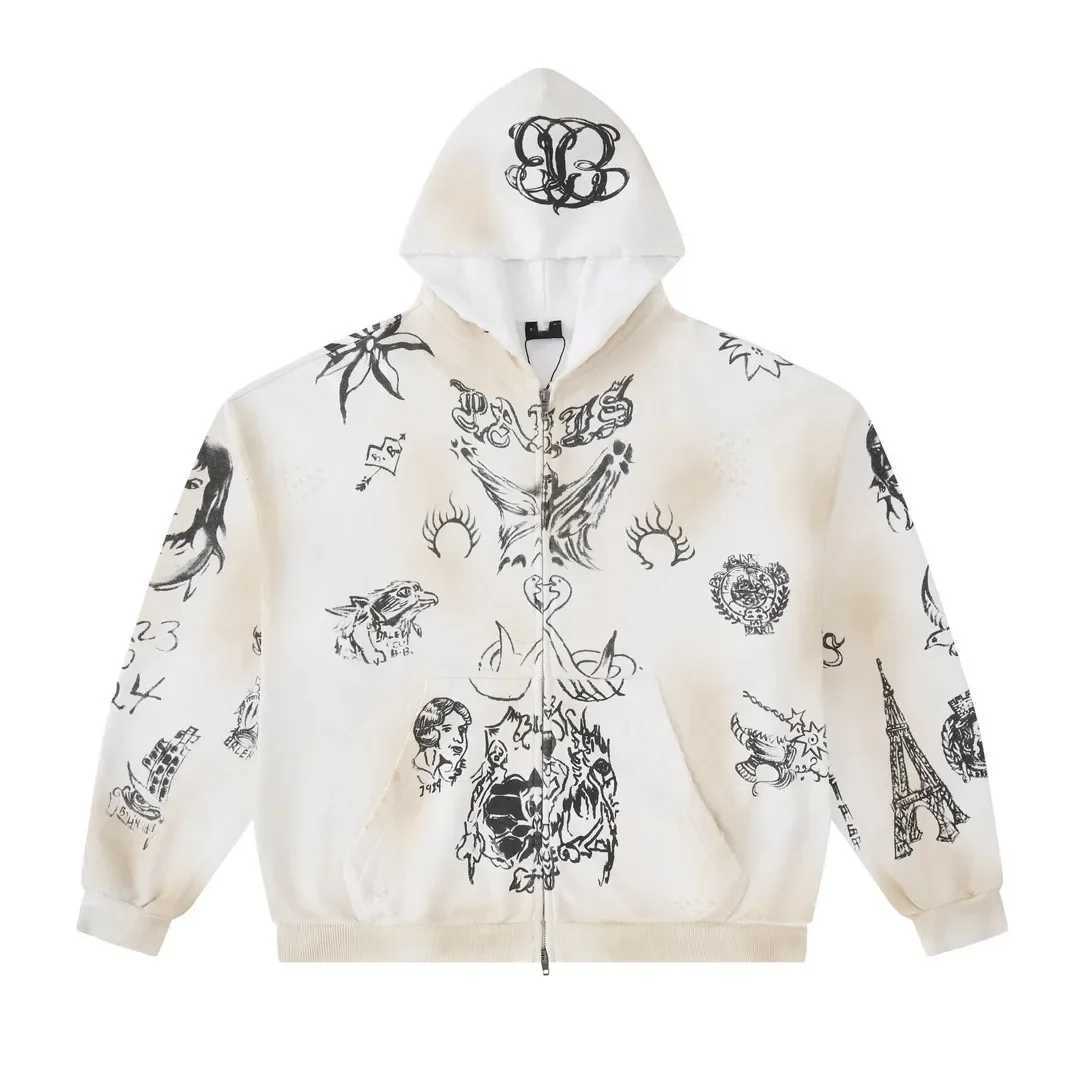 Men's Hoodies Sweatshirts High Version Paris B Graffiti Hand Drawing Dirty Wear Sweatshirt Jacket For Men And Women Loose Fit Trousers Sports Suit T241116
