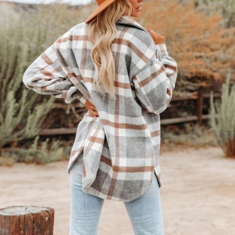 Womens Flannel Plaid Long Sleeve Button Down Shirts Jacket Coats with Side Pockets Casual FallWinter Loose Fit Coat for Women 241108