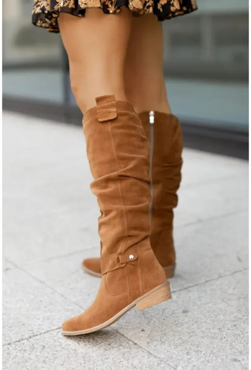 Low heel side zipper size 43 suede high womens boots retro womens boots autumn winter knee high boots 2024 241115