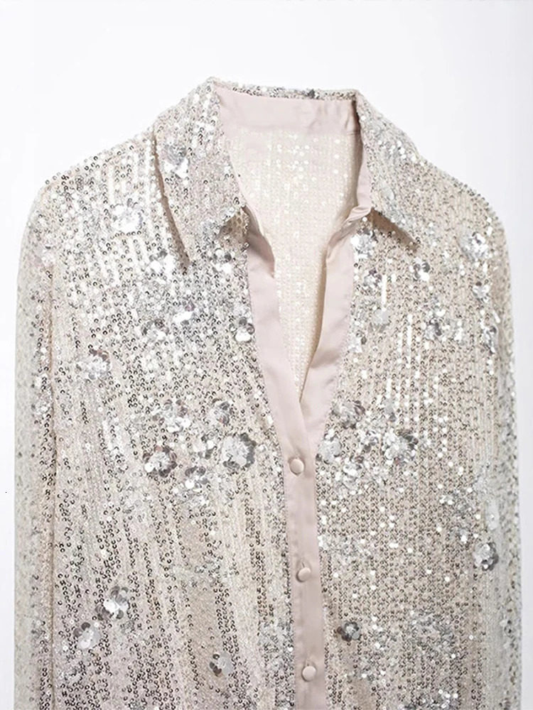 Fashion sequin decal womens shirt Y2K Street Stand collar single chest shiny womens holiday party womens fashion top 241115