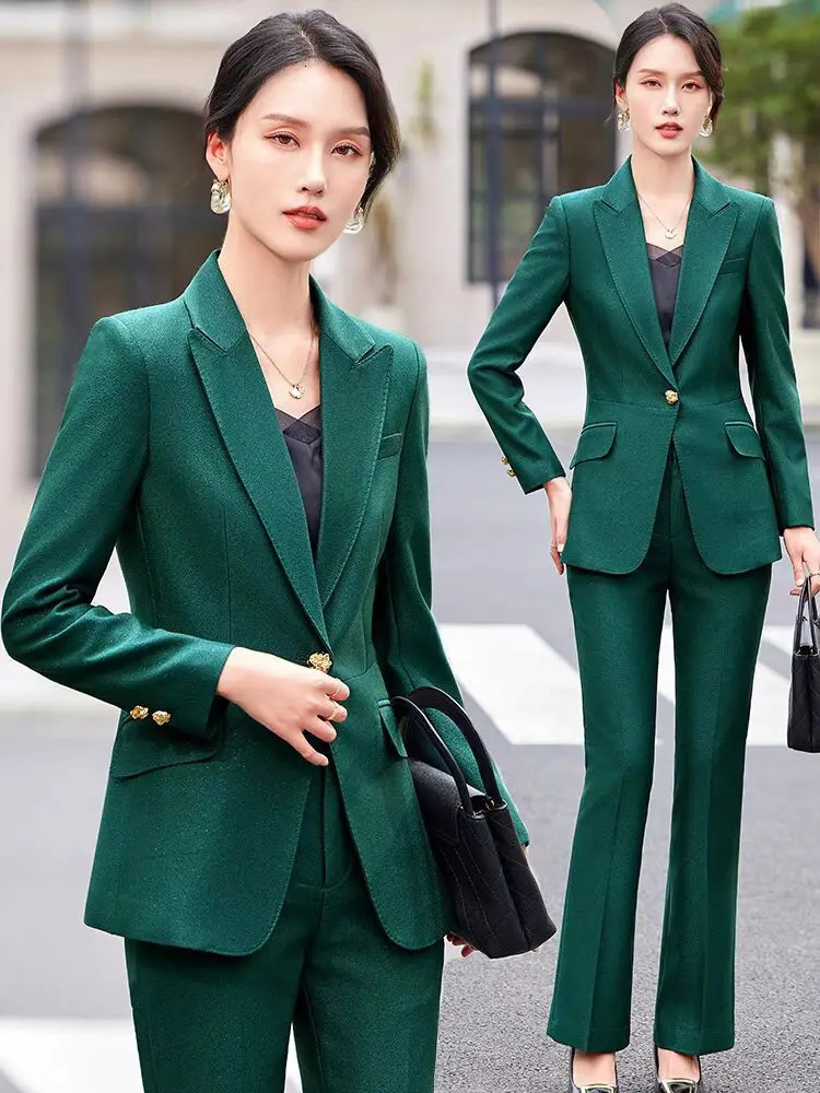 Office womens formal pants set 2piece green coffee long sleeved business workwear jacket and Trouser 241115