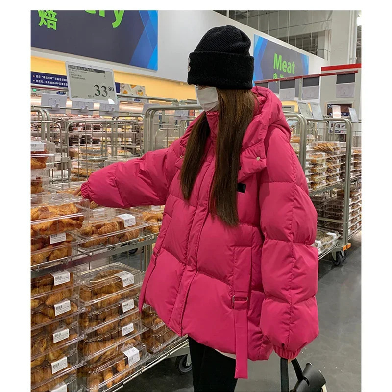 Solid Color Down Jacket Women Hooded Coat Stand Collar Fashion American Streetwear Duck Feather Female Winter Short Outwear y241108