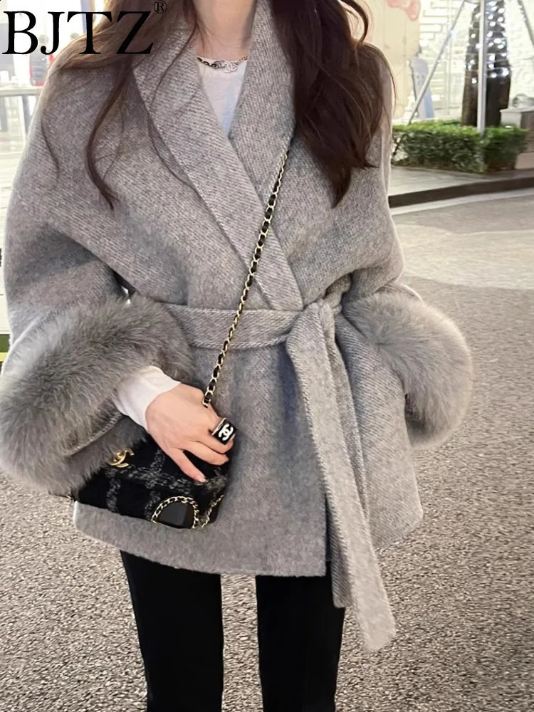 BJTZ High End Doublesided Wool Strapping Coat Womens Removable Cuffs Fur Temperament Cashmere Short Jacket 241116