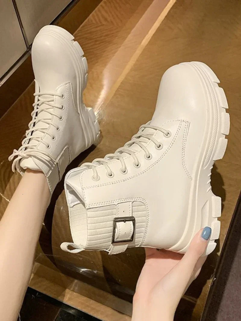 Women White Ankle Boot PU Leather Thick Sole Lace Up Combat Booties Female Autumn Winter Platform Shoes Rubber Cow Boots 241115