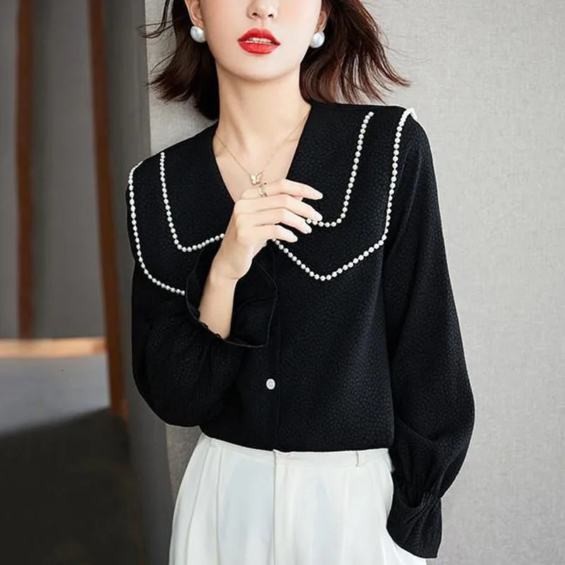 Doll Collar Black Shirt Womens Spring Long Sleeve Cover Abdominal Westernized Sweet Unique Temperature Top 241115